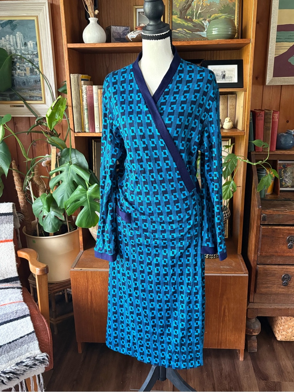 70s Vintage Geometric Wrap Dress XL